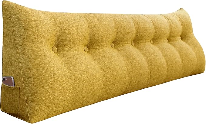 14 lbs Thickened King Headboard Pillow Wedge Pillow Headboard Reading Pillow Bed for Backrest Reading Triangular Pillow with Side Pocket for Sitting in Bed Cotton Linen Yellow