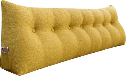 14 lbs Thickened King Headboard Pillow Wedge Pillow Headboard Reading Pillow Bed for Backrest Reading Triangular Pillow with Side Pocket for Sitting in Bed Cotton Linen Yellow