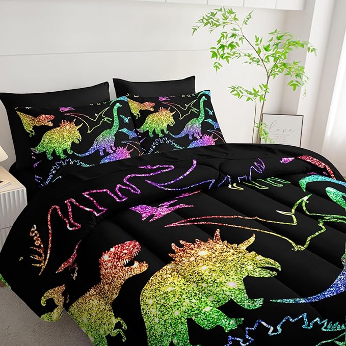 Rainbow Dinosaur Comforter Set (7 Piece) - Kids Bedding Black Dinosaur Duvet Set for Boys Girls Teens, Quilt Bed Set with 2 Pillow Shams, Flat Sheet & Fitted Sheet (Queen) - Room Decor Gifts