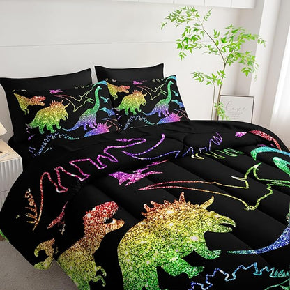 Rainbow Dinosaur Comforter Set (7 Piece) - Kids Bedding Black Dinosaur Duvet Set for Boys Girls Teens, Quilt Bed Set with 2 Pillow Shams, Flat Sheet & Fitted Sheet (Twin) - Room Decor Gifts