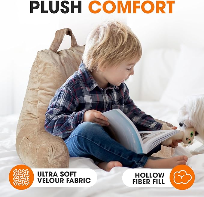 Cheer Collection Reading Pillow with Arms – Portable Bed Pillow for Sitting Up & Support, Hollow Fiber-Filled Back Rest Pillow for Sitting in Bed & Couch, Machine Washable, Taupe (Small)