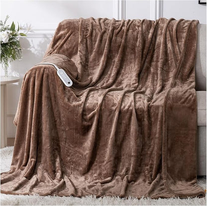 Heated Blanket Electric Throw 72" x 84" Full Size with 8 Heating Levels 10 Hours Time Setings and Auto-Shut Off, Flannel Fast-Heating Electric Blanket, Machine Washable ETL Certified, Brown