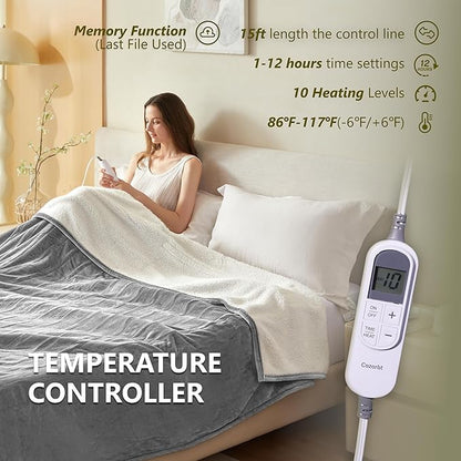 Heat Blanket 72”x84” Full Size,Soft Flannel & Sherpa Reversible Electric Blanket with 10 Heat Settings,12 Timer Setting and 8 Hours Auto-Shut Off,ETL Certified Machine Washable,Light Grey