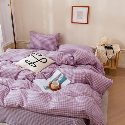 BuLuTu Purple Check Duvet Cover Set Queen Cotton Soft Breathable Bedding Duvet Cover for Kids Boys Buffalo Plaid Purple Comforter Cover Set 【 3Pcs -1 Queen Duvet Cover Set + 2 Pillowcases】