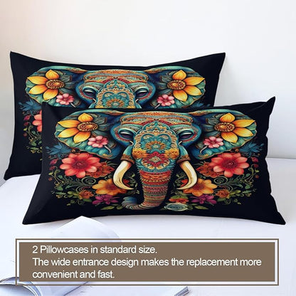Elephant Duvet Cover Oversized King Indian Elephant Bedding Set 3 Piece Bedroom Decor African Wildlife Comforter Cover and 2 Pillow Sham with Zipper Closure