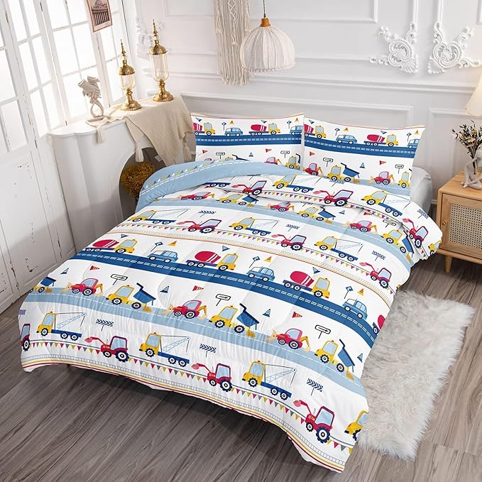 Axolotl Cartoon Cars Comforter Set Queen,Vehicle Bedding Set,Kids Excavator Comforter Set,Construction Bedding Equipment Trucks Comforter Sets for Kids Boys Girls Teens,1 Quilt 2 Pillowcases,Blue Red