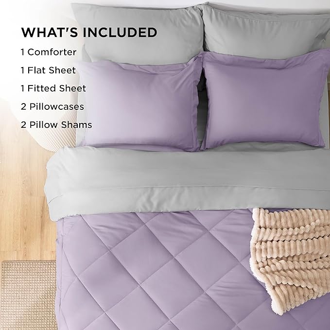 Bedsure Queen Comforter Set - 7 Pieces Reversible Light Purple Bedding, Queen Size Bed Set for All Seasons, Bed in a Bag with Down Alternative Comforter, Sheets, Pillowcases & Shams