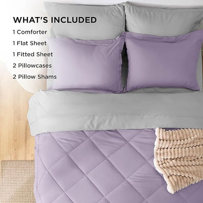 Bedsure Queen Comforter Set - 7 Pieces Reversible Light Purple Bedding, Queen Size Bed Set for All Seasons, Bed in a Bag with Down Alternative Comforter, Sheets, Pillowcases & Shams