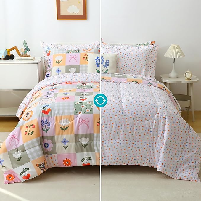 Mooreeke Kids Full Comforter Sets for Girls 8 Pieces Floral Butterfly Bedding Set for Teens Microfiber Splice Block Flower Kids Bed in A Bag with Comforter, Sheet Set, Shams and Decorative Toy Pillow