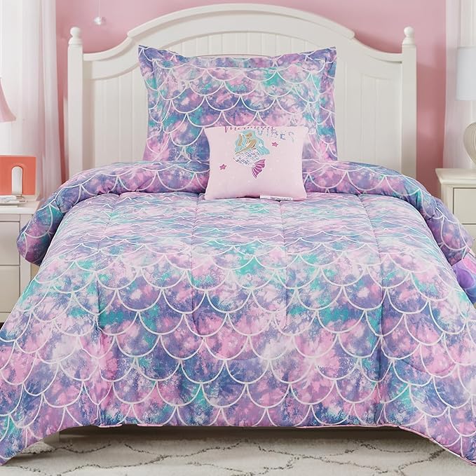 Twin Comforter Set for Girls-3 Pieces Mermaid Glow in The Dark Twin Bedding Sets for Kids,1 Comforter,1 Sham and 1 Decor Pillow