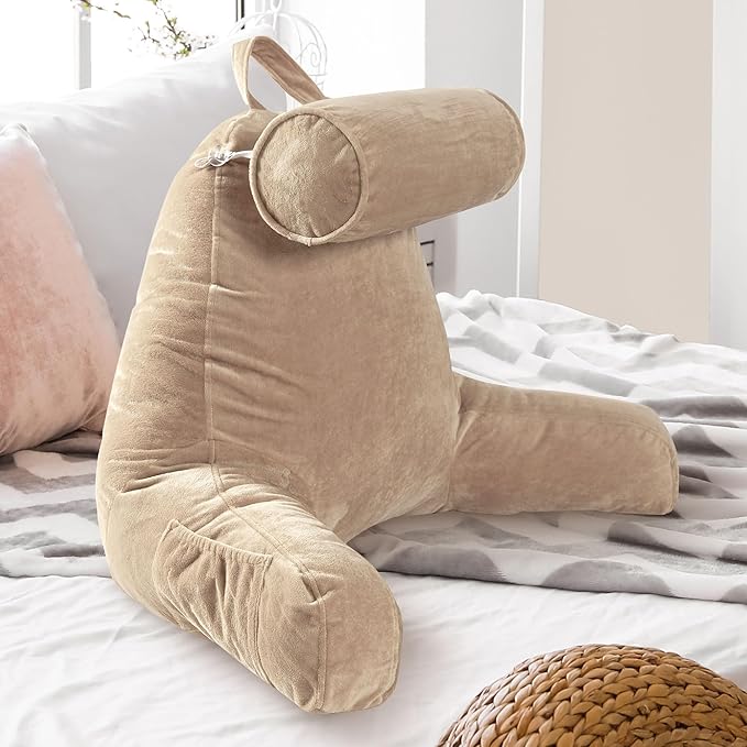 Cheer Collection Reading Pillow Chair - Chair Pillow with Arms and Detachable Neck Bolster for Bed & Couch - Machine Washable, Taupe
