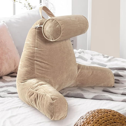 Cheer Collection Reading Pillow Chair - Chair Pillow with Arms and Detachable Neck Bolster for Bed & Couch - Machine Washable, Taupe