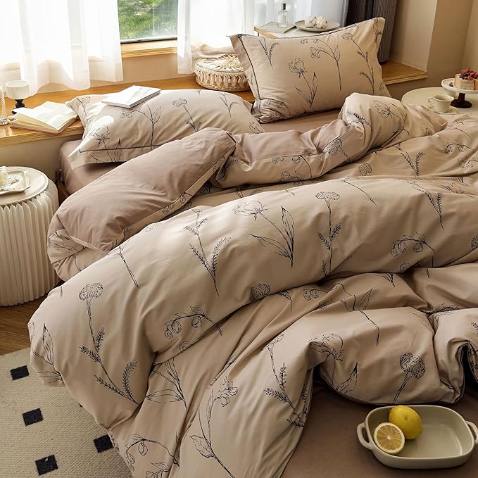 AOJIM Aesthetic Floral Print Bedding Duvet Cover Set for Room Decor, Pure Cotton Comforter Cover Set 3pcs for Kids Adults, 1 Soft AB-Sided Quilt Cover Queen Size and 2 Matching Pillowcases, No Quilt