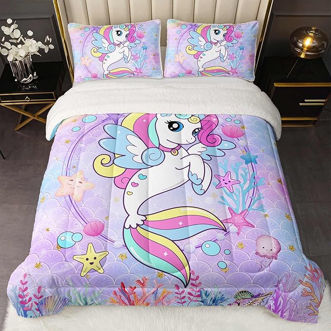 QOOMO Unicorn Sherpa Comforter Set for Girls, Marine Life Soft All Season Down Alternative Bedding Sets, Ultra-Soft Sherpa Full/Queen Comforter Set 3 Piece (1 Comforter and 2 Pillow Shams)