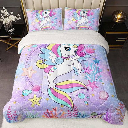 QOOMO Unicorn Sherpa Comforter Set for Girls, Marine Life Soft All Season Down Alternative Bedding Sets, Ultra-Soft Sherpa Full/Queen Comforter Set 3 Piece (1 Comforter and 2 Pillow Shams)