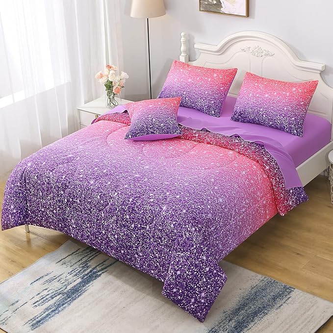 6Pcs Glitter Comforter Set with Sheets for Teens Girls Kids, Colorful Gradient Glitter Themed Bed in a Bag Full Size, Pink Purple 3D Sparkly Galaxy Bedroom Decor Bedding Set