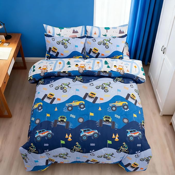 Holawakaka Trucks Tractors Cars Boys 5-Piece Bedding Comforter Sheet Set,Twin Size Cartoon Construction Car Excavator Print Kids Bed in A Bag, Excavator Mixer Truck Printed Bed Sets(Light Blue Twin)