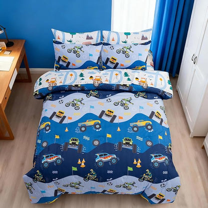 Holawakaka Trucks Tractors Cars Boys 5-Piece Bedding Comforter Sheet Set,Twin Size Cartoon Construction Car Excavator Print Kids Bed in A Bag, Excavator Mixer Truck Printed Bed Sets(Light Blue Twin)