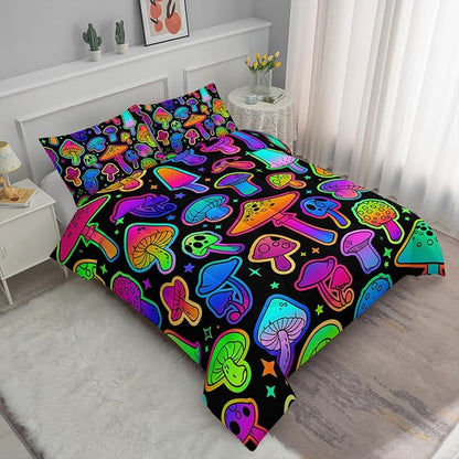 Axolotl Mushroom Kids Bedding Comforter Set King,3Pcs Colorful Gradient Mushroom Quilt Set,Cartoon Botanical Plants Bedding with 1 Comforter 2 Pillowcases for Boys Girls Teens Adults All Season