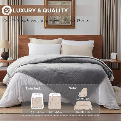 Westinghouse Heated Blanket Full Size, Soft Flannel to Sherpa Electric Blanket with 10 Heating Levels, 12 Hours Auto Off, Fast Heating Warming Blanket, Machine Washable, 72x84 Inch, Light Grey