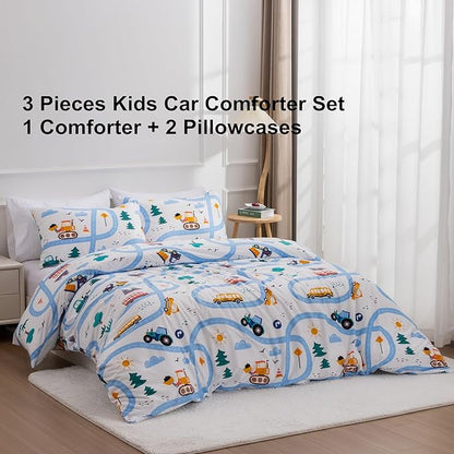 Car Kids Comforter Set Twin Size, 3 Piece Printed Microfiber Comforter with 2 Pillowcases, Lightweight Fun Boys Twin Bedding Set for All Season Washable Easy Care