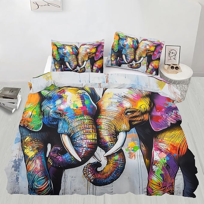 Elephant Duvet Cover King Size, Elephant Cuddling Up Bedding Set 3 Piece Bedroom Decor Colorful Graffiti Art Comforter Cover with Zipper Ties & 2 Pillowcases