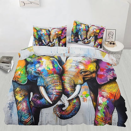 Elephant Duvet Cover Oversized King Elephant Cuddling Up Bedding Set 3 Piece Bedroom Decor Colorful Graffiti Art Comforter Cover with Zipper Ties & 2 Pillowcases
