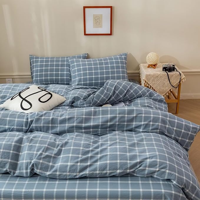 BuLuTu Blue White Plaid Duvet Cover Full 100% Washed Cotton Comforter Cover Set Modern Buffalo Plaid Bedding Set for Kids, Grid Gingham Duvet Cover and 2 Pillowcases for All Seasons