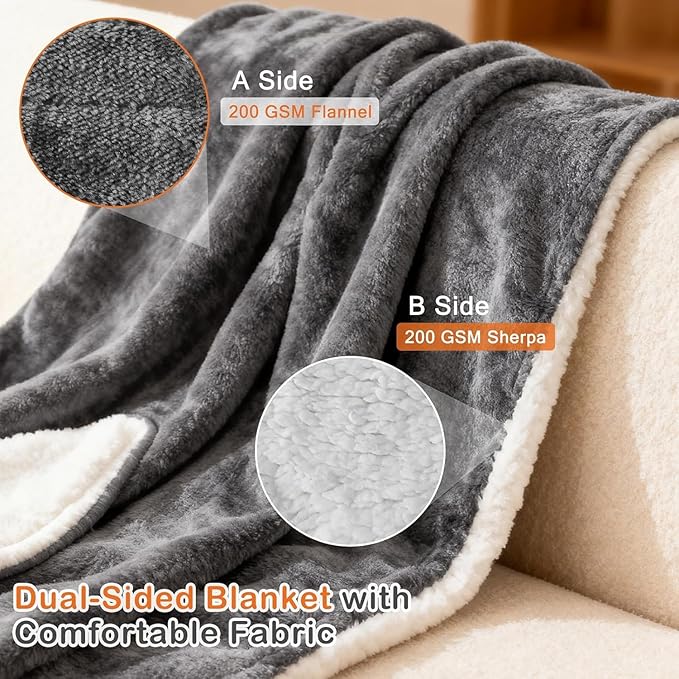 Sweetcrispy Heated Blanket Full Size, 77''x84'' Heating Electric Blanket with 10 Heat Levels and Auto-Off, Washable Dual-Sided Flannel & Sherpa Fabric Electric Blanket Warmer ETL Certificated