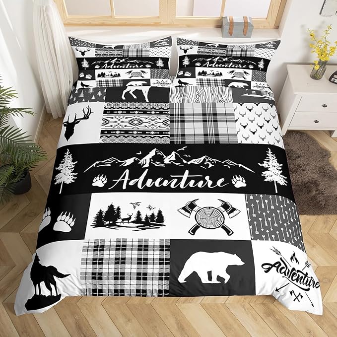 Castle Fairy Rustic Farmhouse Duvet Cover Set Full Size,Deer Bear Wolf Wild Animals Hunting Comforter Cover with 2 Pillowcases,Adventure Plaid Black Check Tribal Breathable Bedspread for Boys Teens