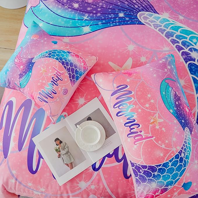 RYNGHIPY Mermaid Kids Girls Comforter Set Full Size Pink Blue Gradient Fish Tail Bed in a Bag - Includes Comforter & Sheet Set for Teens Girls Super Soft Kids Bedding