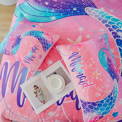 RYNGHIPY Mermaid Kids Girls Comforter Set Twin Size Pink Blue Gradient Fish Tail Bed in a Bag - Includes Comforter & Sheet Set for Teens Girls Super Soft Kids Bedding