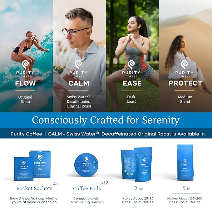Purity Coffee CALM Decaf Medium Roast Whole Beans - USDA Certified Organic Specialty Grade Arabica Swiss Water Processed Decaffeinated - Third Party Tested for Mold, Mycotoxins, Pesticides - 5 lb Bag