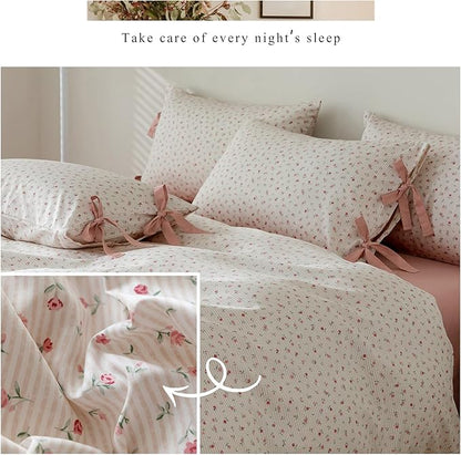 AOJIM Pink Floral Duvet Cover Set for Girls Women, Pure Cotton Soft Bedding Comforter Cover Set 3pcs for Room Decor, 1 Exquisite Quilt Cover Twin Size and 2 Pillowcases with Bowknot, No Comforter