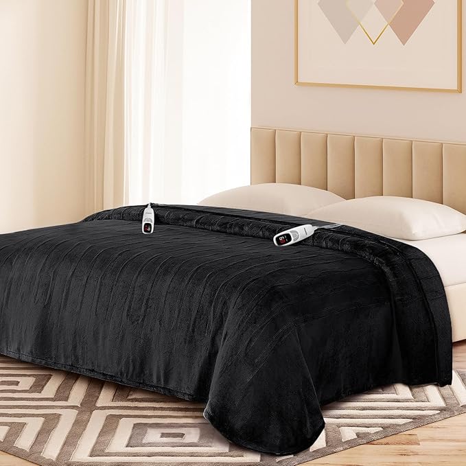 Electric Blanket King with Dual Control-100x90 Soft Double-Sided Flannel Heating Blanket, 9 Heat Levels & 10 Hours Timer Heated Throw, Machine Washable, Gift for Mom Dad - Black