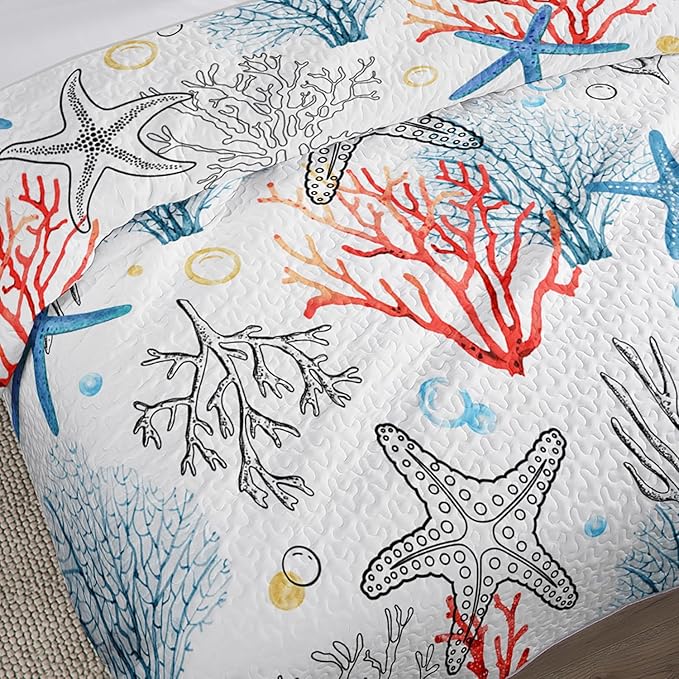 Coastal Themed Quilted Quilt Queen Size,Starfish Bedding Sets for Kids Girls Room Decor,Coral Bubbles Pattern Lightweight Quilt with 2 Pillowcases.