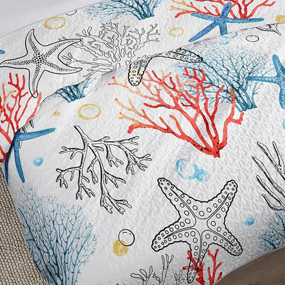 Coastal Themed Quilted Quilt Full Size,Starfish Bedding Sets for Kids Girls Room Decor,Coral Bubbles Pattern Lightweight Quilt with 2 Pillowcases.