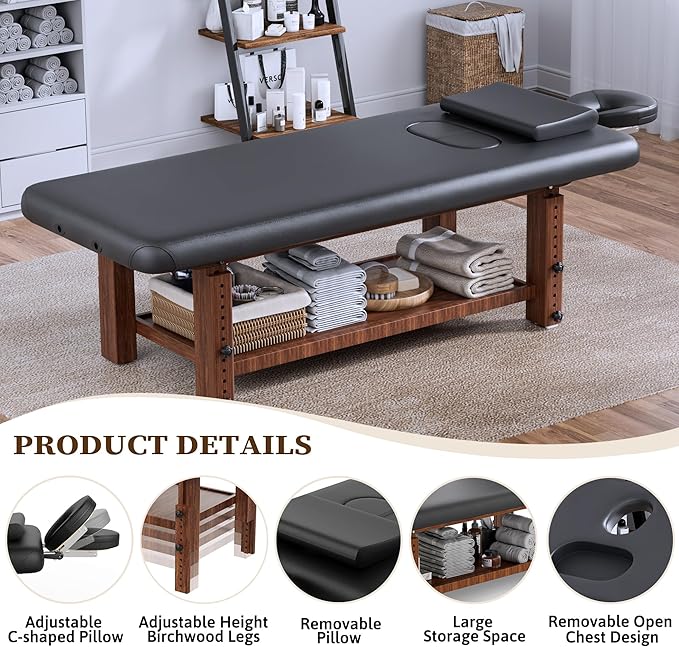 Olela Wood Adjustable Massage Table, Stationary Massage Tables with Adjustable Height Legs & Storage, Esthetician Bed with C-Shaped Pillow & PU Leather for Spa, Massage, Physical Therapy, Treatment