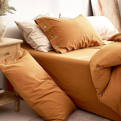 JELLYMONI 100% Washed Cotton Duvet Cover Full – Soft, Breathable Linen-Look Bedding with Natural Wrinkle Texture, Button Closure, 3-Piece Set (Amber Orange, 80"x90")