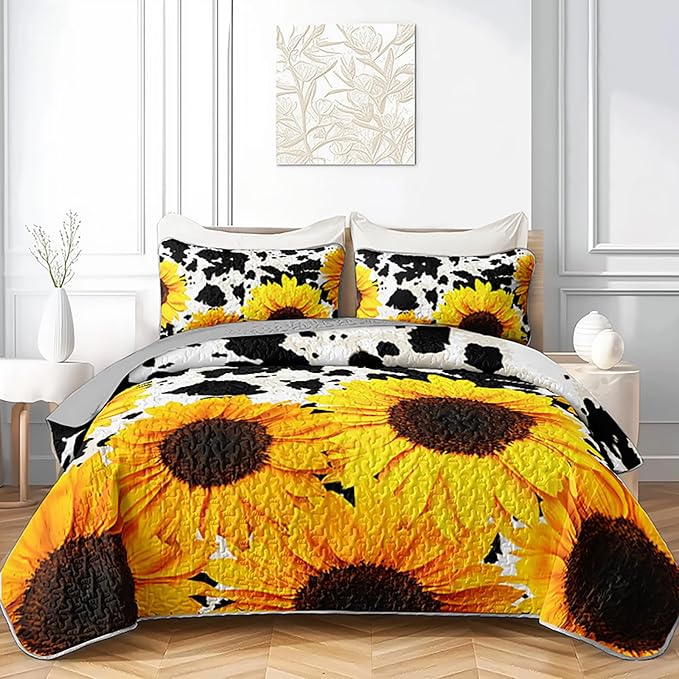 QOOMO Sunflower Quilt Set King Size,Cow Print Bedspread Coverlet Set,Animal Print 3Pcs Bedding Set Printed Quilt with 2 Pillowcases,Soft and Lightweight,for All Seasons