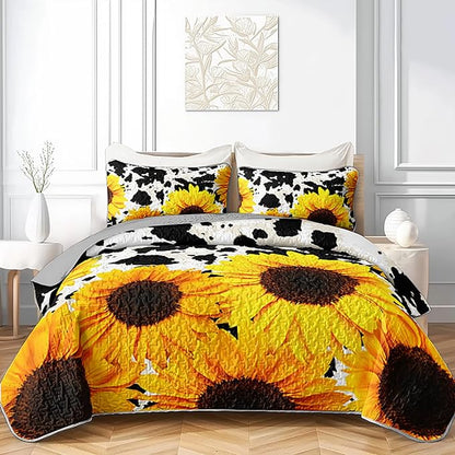 QOOMO Sunflower Quilt Set King Size,Cow Print Bedspread Coverlet Set,Animal Print 3Pcs Bedding Set Printed Quilt with 2 Pillowcases,Soft and Lightweight,for All Seasons