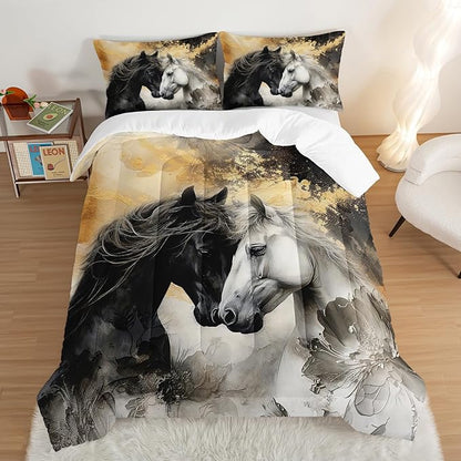 Black White Horses Comforter Set Full Size,Golden Ink Painting Flora Bedding Set for Kids and Adults Bedroom Horse Decor,Wild Animal Theme Art Aesthetics Comforter Set with 2 Pillowcases.