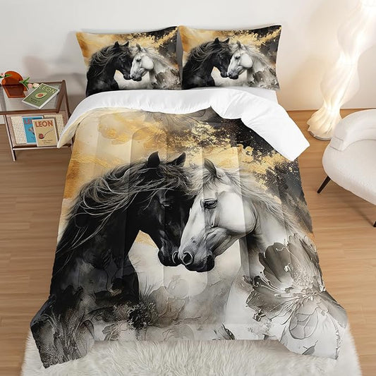 Black White Horses Comforter Set Full Size,Golden Ink Painting Flora Bedding Set for Kids and Adults Bedroom Horse Decor,Wild Animal Theme Art Aesthetics Comforter Set with 2 Pillowcases.