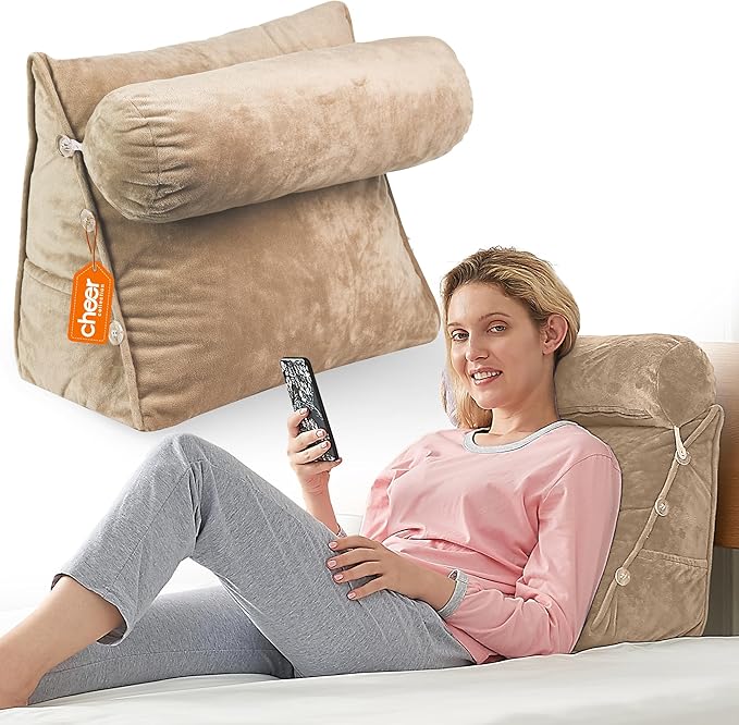 Cheer Collection Reading Wedge Pillow – TV Pillow with Adjustable Bolster Pillow, Memory Foam Back Support for Couch & Bed, Pillow Chair for Bed, Reading Pillows for Adults & Kids, Taupe