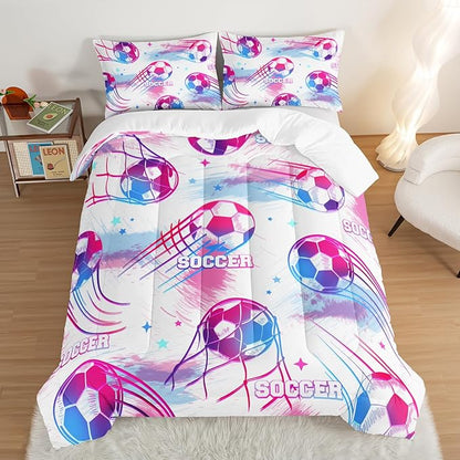 Ball Games Bedding Football Full Comforter Set,Pink and Blue Soccers Stars Bedding Set for Kids Girls Boys Room Decor,Sports on The Court Aesthetic Bedding Sets with 2 Pillowcases.