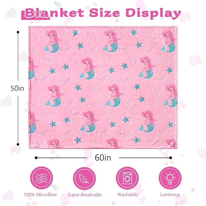 QSTEHEML Mermaid Gifts Toys for Girls Kids,Glow in The Dark Blanket Birthday Christmas Soft Luminous Throw Blanket for Age 3-12 Years Old Toddler Teens Child Daughter 50"x60"
