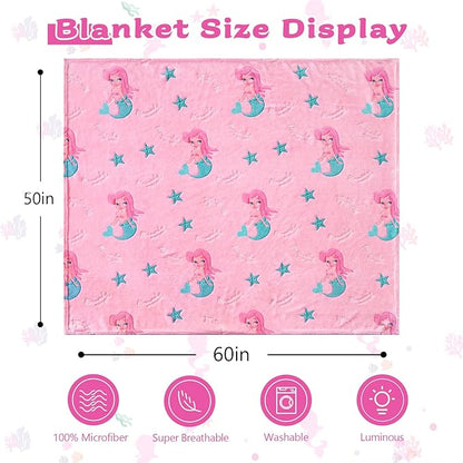QSTEHEML Mermaid Gifts Toys for Girls Kids,Glow in The Dark Blanket Birthday Christmas Soft Luminous Throw Blanket for Age 3-12 Years Old Toddler Teens Child Daughter 50"x60"