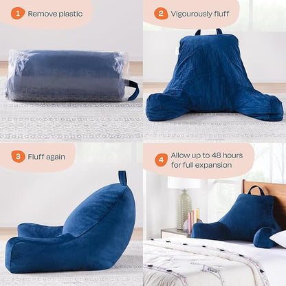 LINENSPA Reading Pillow with Shredded Memory Foam- Back Pillow for Sitting in Bed, Reading, Gaming, Watching TV – Bed Chair Pillow with Arms, Dorm Room Essentials, Navy