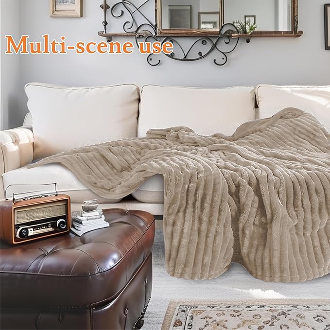Heated Electric Blanket Quen Size 84"x90", 10 Heat Settings & 1-12H Timer, Ultra Plush Ribbed Fabric Electric Throw for Bed, Sofa, Dual Control, Machine Washable, Office All Season Use- Camel