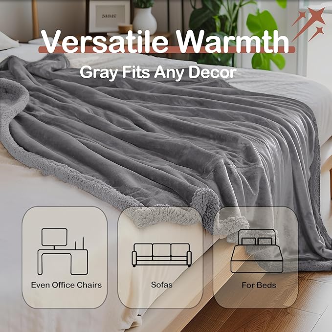 Heated Blanket Throw Size 50" x 60" Electric Blanket with 5 Levels Heating & 3Hs Auto Off, Silky Microplush Flannel & Warm Sherpa Fabric, Machine Washable, Great Christmas Birthday Gifts, Gray